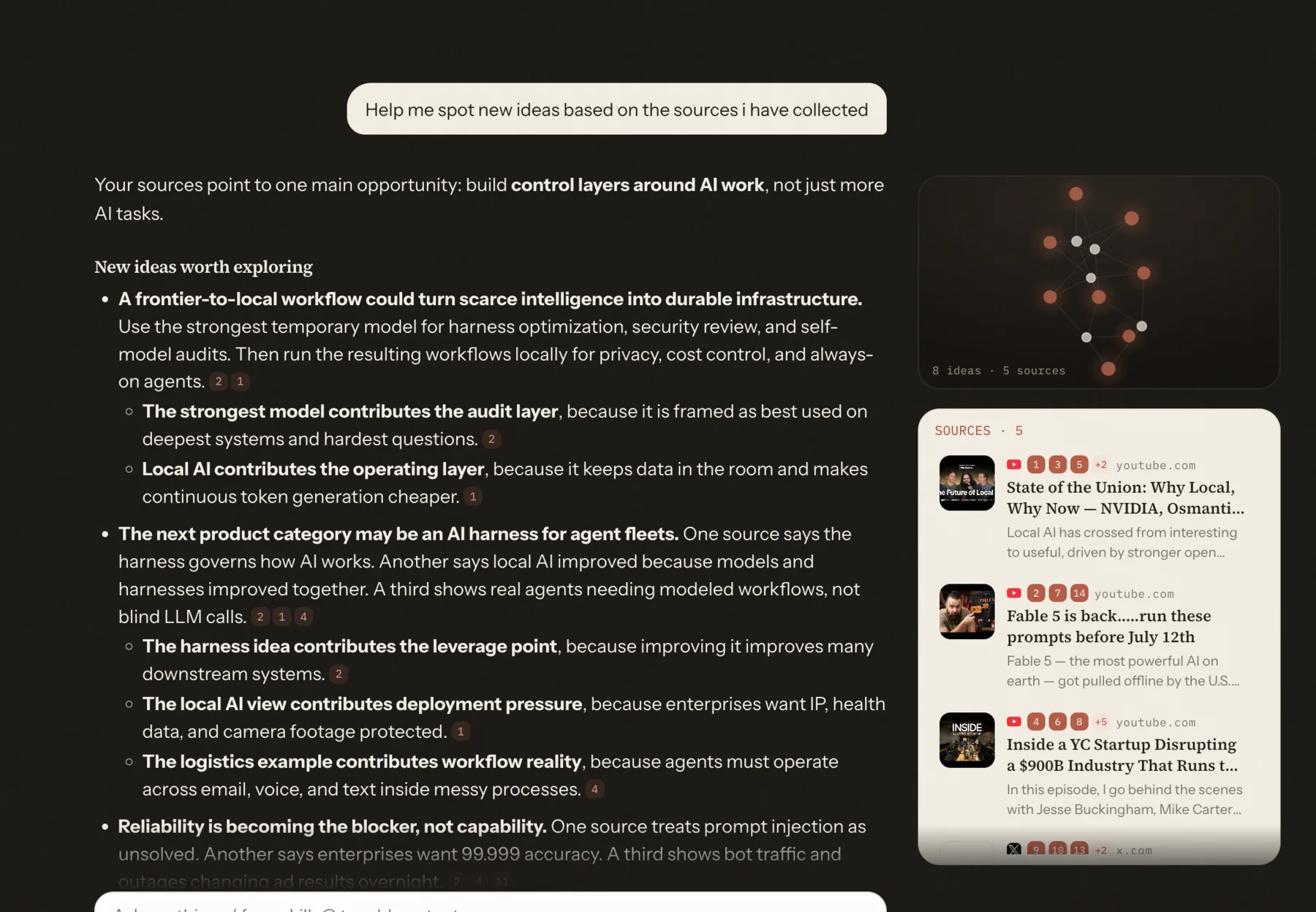 SauceTab interface displaying an answer and the saved sources behind it